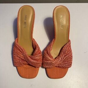 Nine West Wedge Sandals Women Size 8 Orange Excellent Woven Raffia Mules